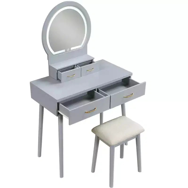 Table de toilette Okak avec miroir rond et 4 tiroirs, coiffeuse avec tabouret rembourré, table de maquillage pour salon, chambre à coucher