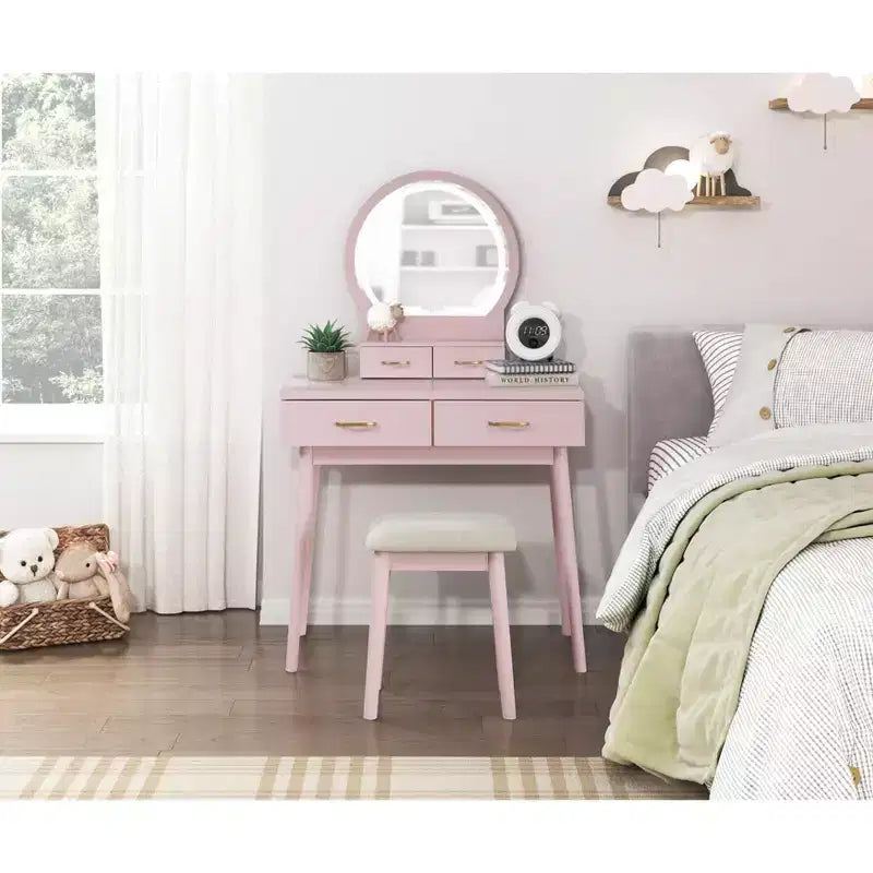 Table de toilette Okak avec miroir rond et 4 tiroirs, coiffeuse avec tabouret rembourré, table de maquillage pour salon, chambre à coucher