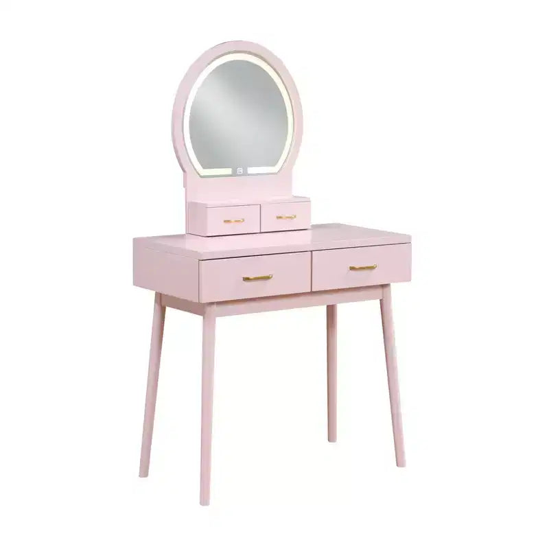 Table de toilette Okak avec miroir rond et 4 tiroirs, coiffeuse avec tabouret rembourré, table de maquillage pour salon, chambre à coucher
