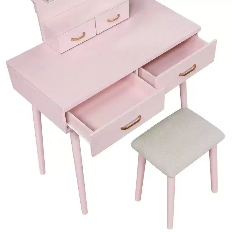 Table de toilette Okak avec miroir rond et 4 tiroirs, coiffeuse avec tabouret rembourré, table de maquillage pour salon, chambre à coucher