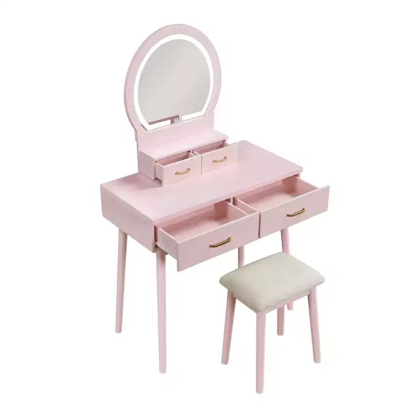 Table de toilette Okak avec miroir rond et 4 tiroirs, coiffeuse avec tabouret rembourré, table de maquillage pour salon, chambre à coucher