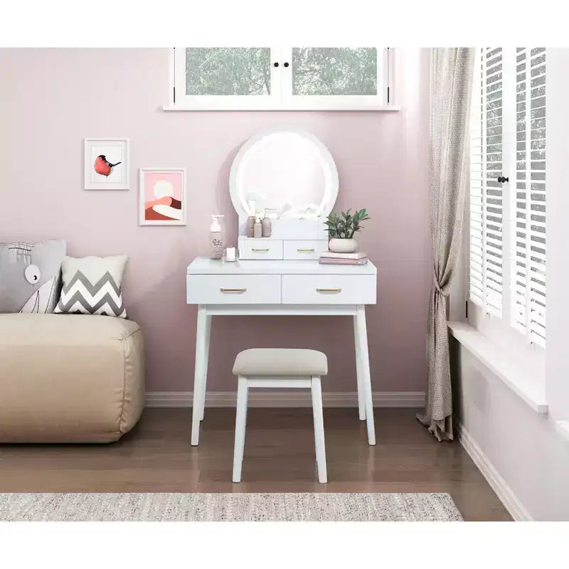 Table de toilette Okak avec miroir rond et 4 tiroirs, coiffeuse avec tabouret rembourré, table de maquillage pour salon, chambre à coucher