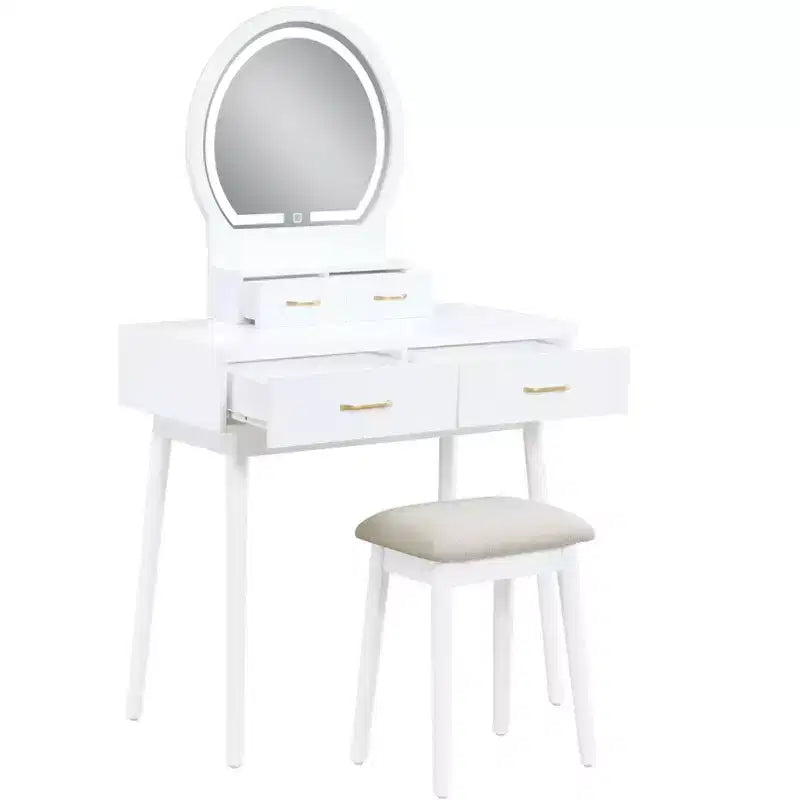 Table de toilette Okak avec miroir rond et 4 tiroirs, coiffeuse avec tabouret rembourré, table de maquillage pour salon, chambre à coucher
