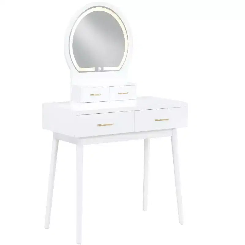 Table de toilette Okak avec miroir rond et 4 tiroirs, coiffeuse avec tabouret rembourré, table de maquillage pour salon, chambre à coucher