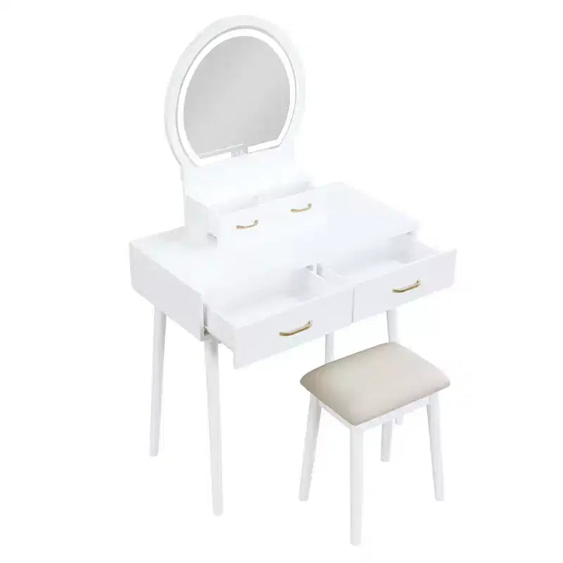 Table de toilette Okak avec miroir rond et 4 tiroirs, coiffeuse avec tabouret rembourré, table de maquillage pour salon, chambre à coucher