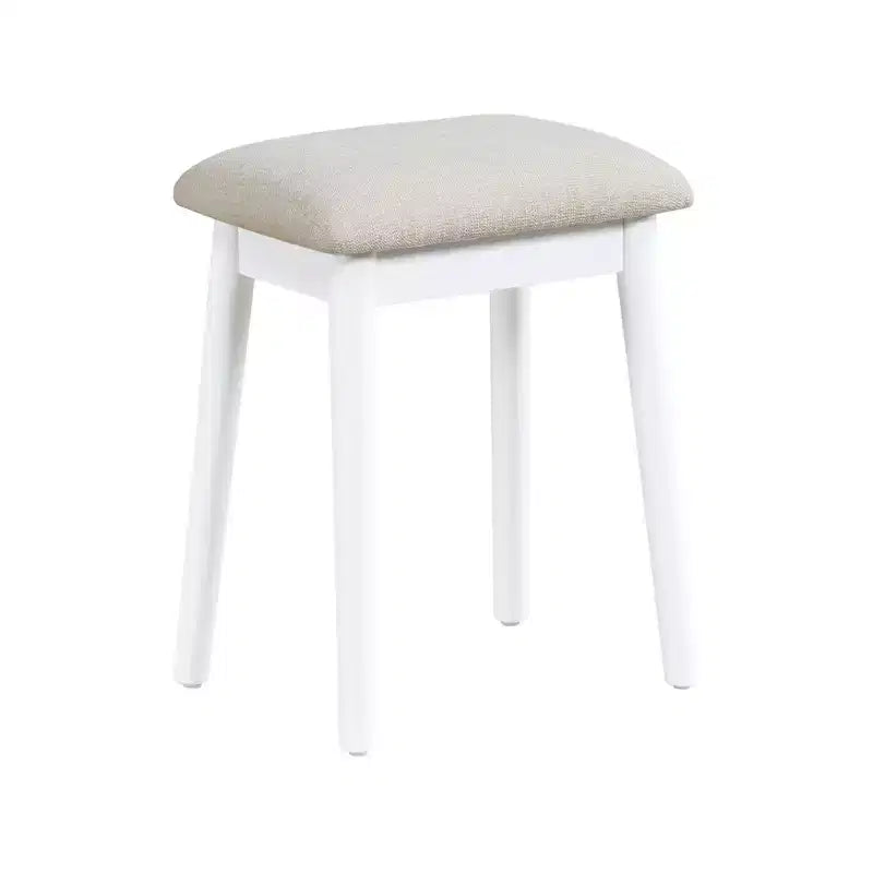 Table de toilette Okak avec miroir rond et 4 tiroirs, coiffeuse avec tabouret rembourré, table de maquillage pour salon, chambre à coucher