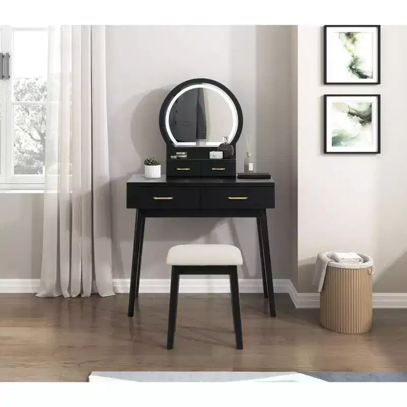 Table de toilette Okak avec miroir rond et 4 tiroirs, coiffeuse avec tabouret rembourré, table de maquillage pour salon, chambre à coucher
