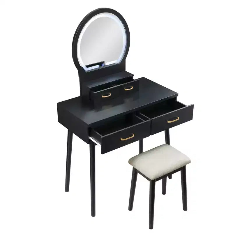 Table de toilette Okak avec miroir rond et 4 tiroirs, coiffeuse avec tabouret rembourré, table de maquillage pour salon, chambre à coucher
