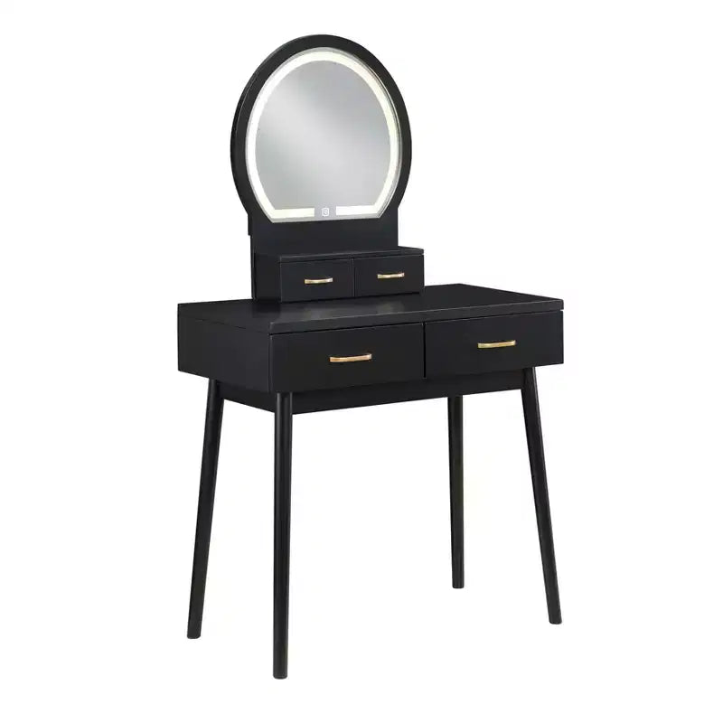 Table de toilette Okak avec miroir rond et 4 tiroirs, coiffeuse avec tabouret rembourré, table de maquillage pour salon, chambre à coucher