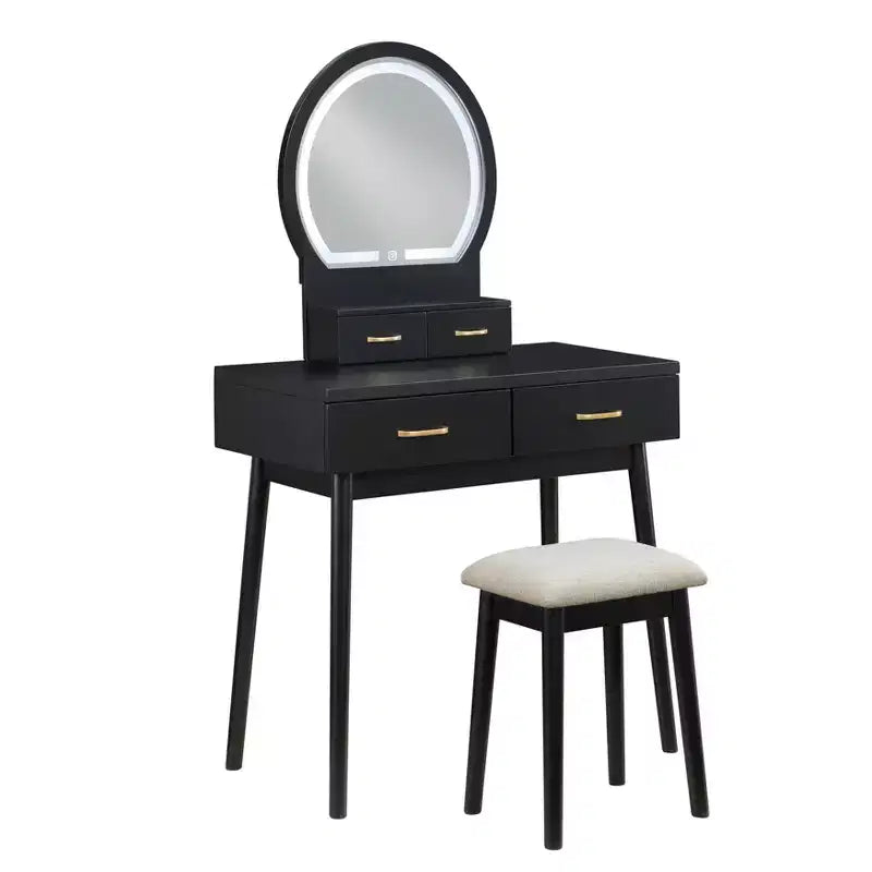Table de toilette Okak avec miroir rond et 4 tiroirs, coiffeuse avec tabouret rembourré, table de maquillage pour salon, chambre à coucher