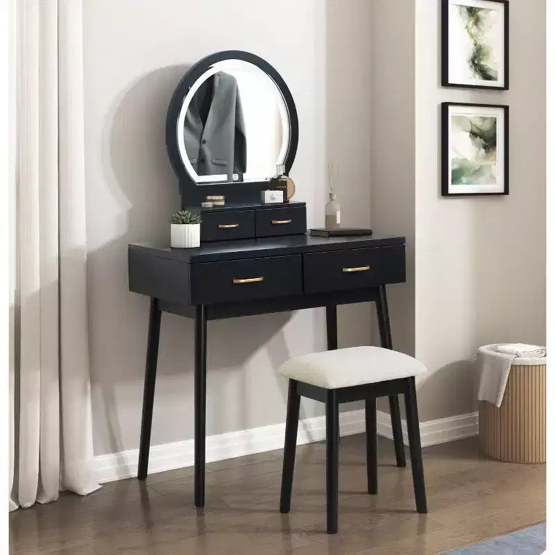 Table de toilette Okak avec miroir rond et 4 tiroirs, coiffeuse avec tabouret rembourré, table de maquillage pour salon, chambre à coucher
