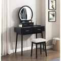 Table de toilette Okak avec miroir rond et 4 tiroirs, coiffeuse avec tabouret rembourré, table de maquillage pour salon, chambre à coucher