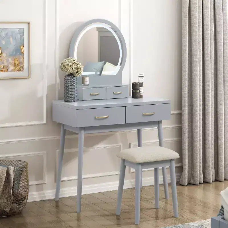Table de toilette Okak avec miroir rond et 4 tiroirs, coiffeuse avec tabouret rembourré, table de maquillage pour salon, chambre à coucher