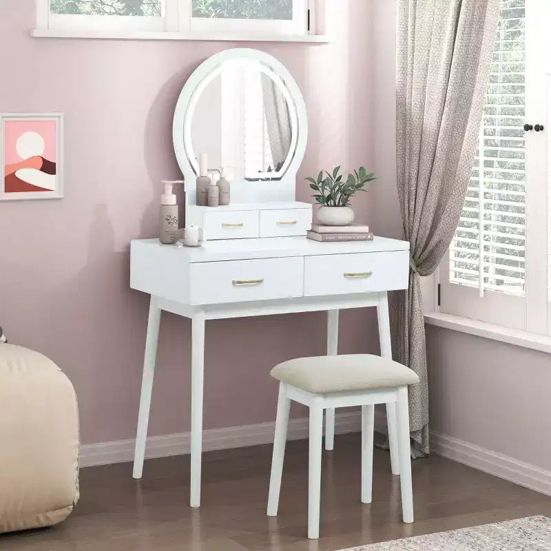 Table de toilette Okak avec miroir rond et 4 tiroirs, coiffeuse avec tabouret rembourré, table de maquillage pour salon, chambre à coucher