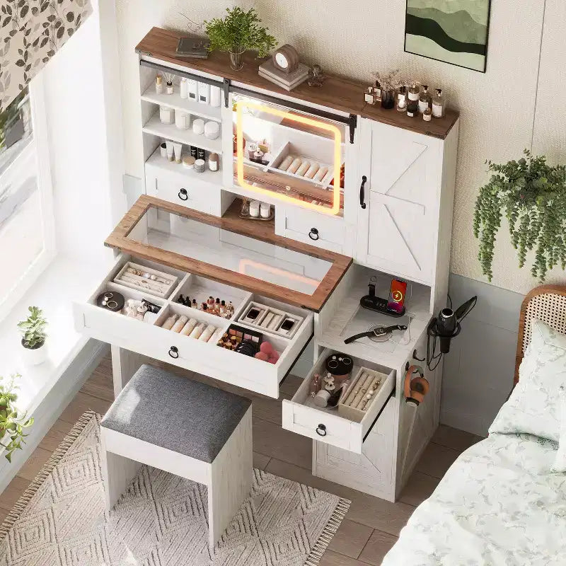 Coiffeuse Okak Farmhouse avec miroir coulissant et plateau en verre, coiffeuse avec tabouret et rangement, coiffeuse vintage pour salon, blanc