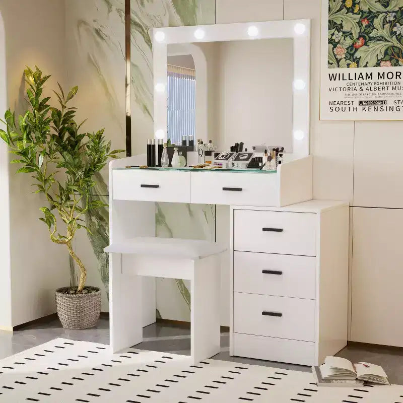 Coiffeuse Okak avec grand miroir et 5 tiroirs, coiffeuse avec tabouret rembourré, table de maquillage pour salon, chambre à coucher, dressing, blanc