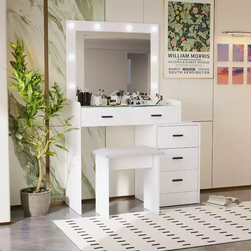 Coiffeuse Okak avec grand miroir et 5 tiroirs, coiffeuse avec tabouret rembourré, table de maquillage pour salon, chambre à coucher, dressing, blanc