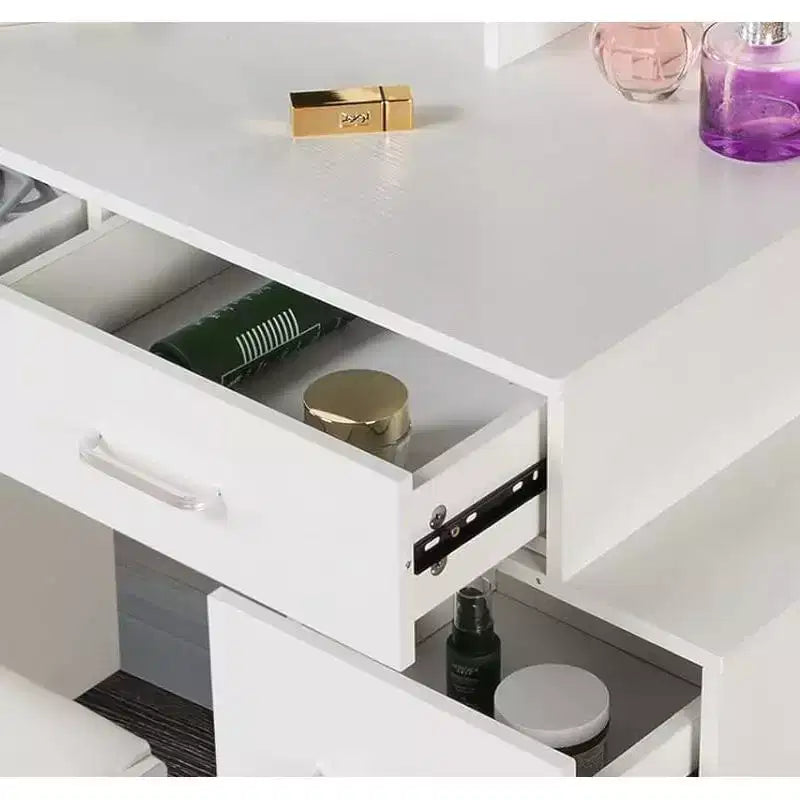 Coiffeuse Okak avec grand miroir et 5 tiroirs, coiffeuse avec tabouret rembourré, table de maquillage pour salon, chambre à coucher, dressing, blanc