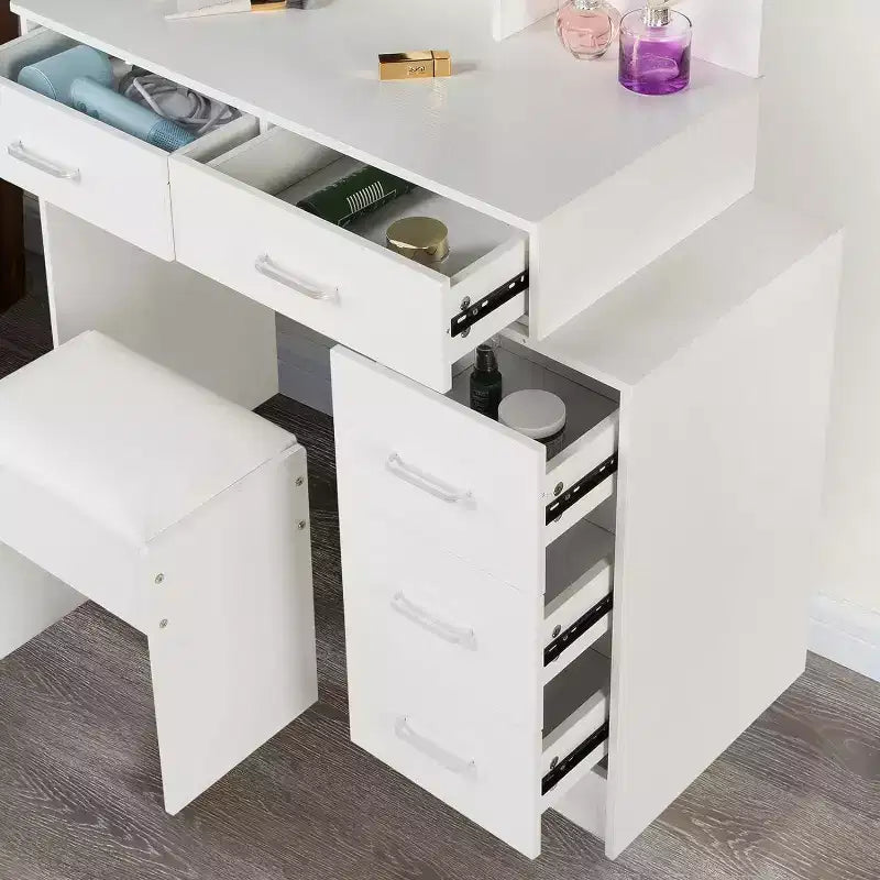 Coiffeuse Okak avec grand miroir et 5 tiroirs, coiffeuse avec tabouret rembourré, table de maquillage pour salon, chambre à coucher, dressing, blanc