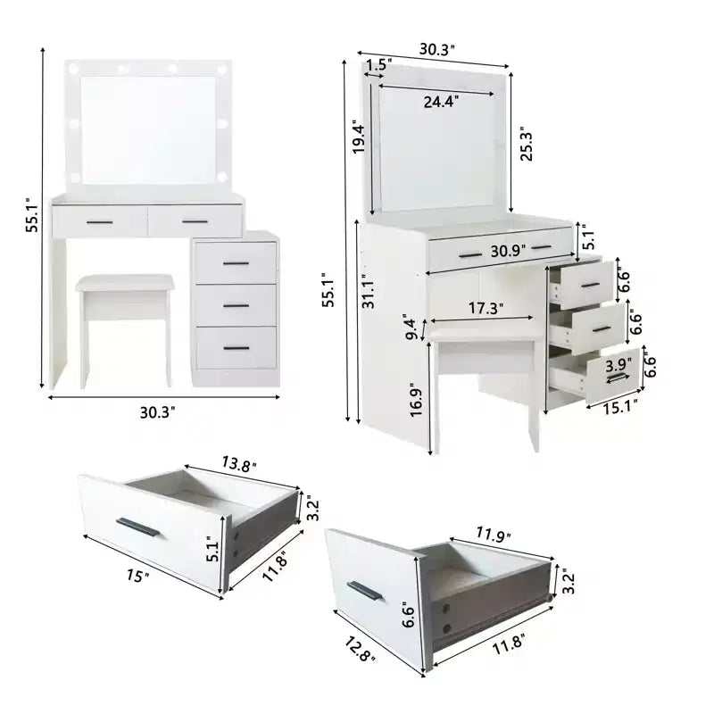 Coiffeuse Okak avec grand miroir et 5 tiroirs, coiffeuse avec tabouret rembourré, table de maquillage pour salon, chambre à coucher, dressing, blanc