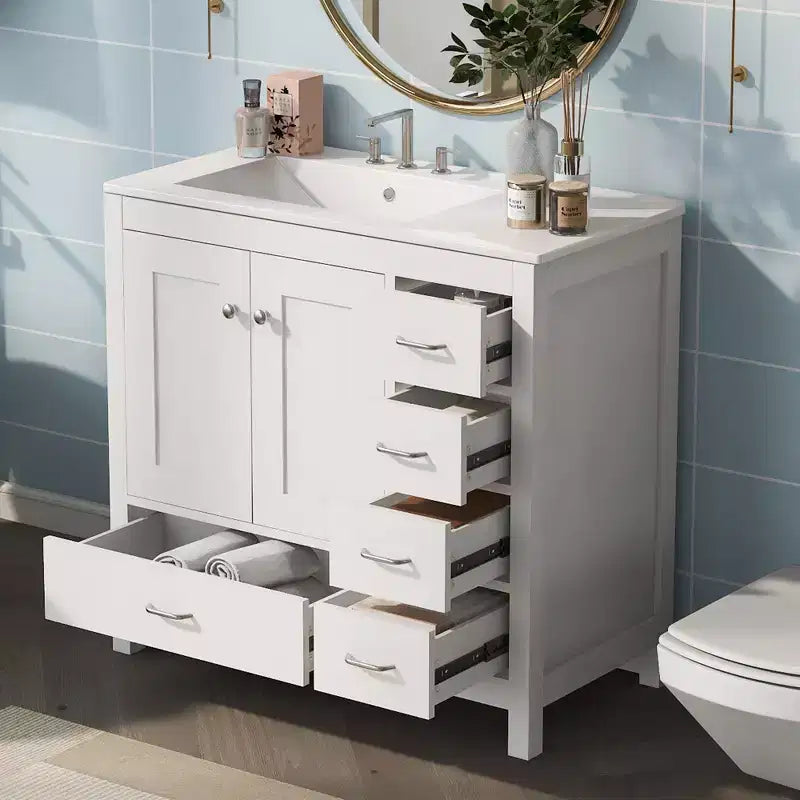 Meuble-lavabo de salle de bain de 91 cm avec évier rectangulaire, 5 tiroirs et 2 portes à fermeture amortie, armoire autoportante à cadre en bois massif