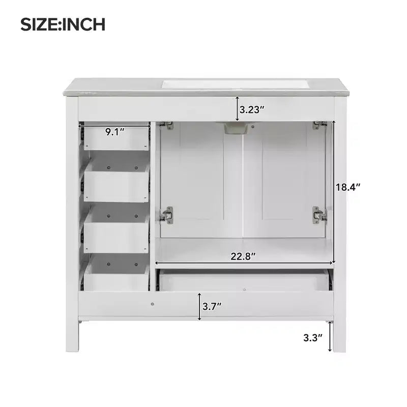 Meuble-lavabo de salle de bain de 91 cm avec évier rectangulaire, 5 tiroirs et 2 portes à fermeture amortie, armoire autoportante à cadre en bois massif