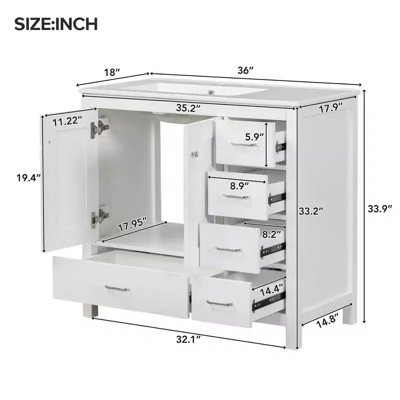 Meuble-lavabo de salle de bain de 91 cm avec évier rectangulaire, 5 tiroirs et 2 portes à fermeture amortie, armoire autoportante à cadre en bois massif