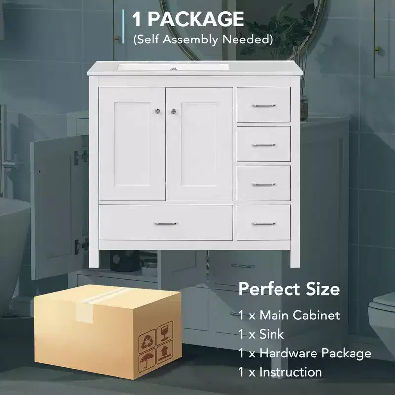 Meuble-lavabo de salle de bain de 91 cm avec évier rectangulaire, 5 tiroirs et 2 portes à fermeture amortie, armoire autoportante à cadre en bois massif