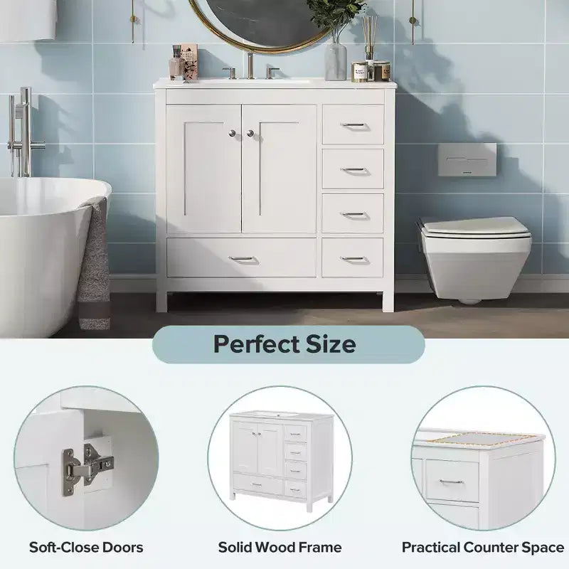 Meuble-lavabo de salle de bain de 91 cm avec évier rectangulaire, 5 tiroirs et 2 portes à fermeture amortie, armoire autoportante à cadre en bois massif