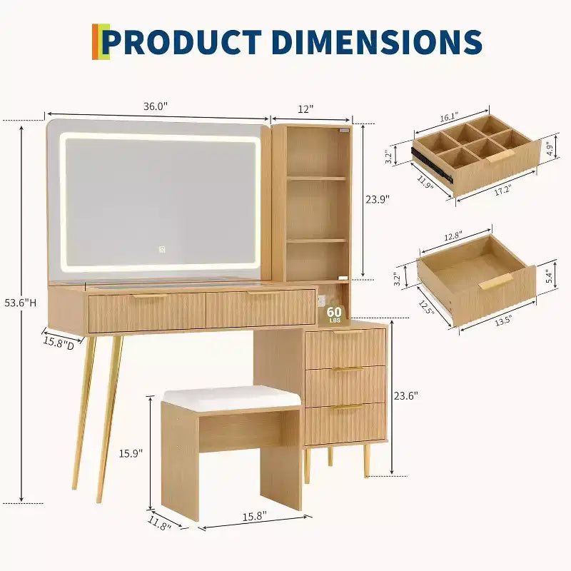 Coiffeuse de 120 cm pour chambre à coucher, coiffeuse avec tabouret moelleux, coiffeuse avec 4 tiroirs et étagères, ensemble de coiffeuse pour chambre à coucher