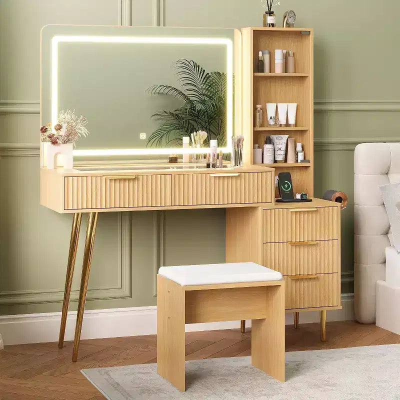 Coiffeuse de 120 cm pour chambre à coucher, coiffeuse avec tabouret moelleux, coiffeuse avec 4 tiroirs et étagères, ensemble de coiffeuse pour chambre à coucher