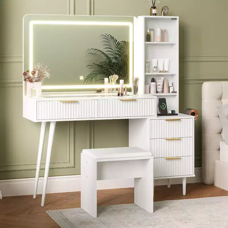 Coiffeuse de 120 cm pour chambre à coucher, coiffeuse avec tabouret moelleux, coiffeuse avec 4 tiroirs et étagères, ensemble de coiffeuse pour chambre à coucher
