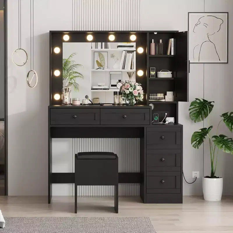 Elegant Dressing Table Set with LED Mirror Lights, Makeup Vanity Desk and Stool Featuring Charging Station, Multiple Drawers & Storage Shelves