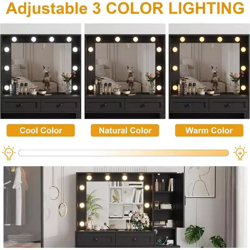 Coiffeuse élégante avec lumières LED intégrées au miroir, tabouret assorti et station de recharge, dotée de plusieurs tiroirs et étagères de rangement.