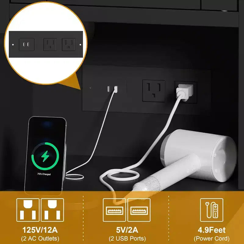 Coiffeuse élégante avec lumières LED intégrées au miroir, tabouret assorti et station de recharge, dotée de plusieurs tiroirs et étagères de rangement.