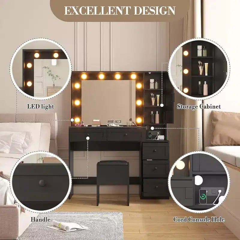Coiffeuse élégante avec lumières LED intégrées au miroir, tabouret assorti et station de recharge, dotée de plusieurs tiroirs et étagères de rangement.