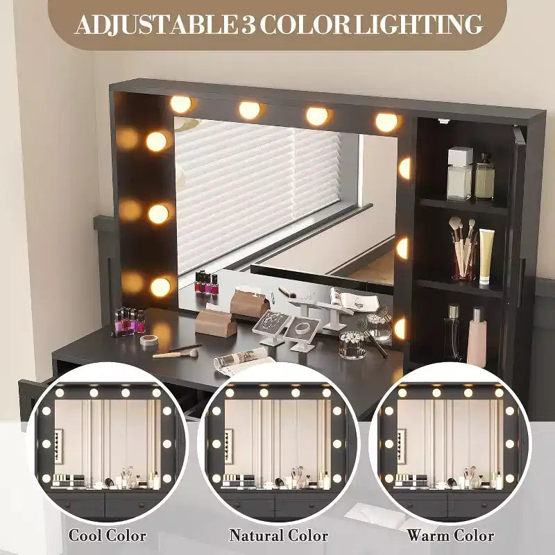 Coiffeuse élégante avec lumières LED intégrées au miroir, tabouret assorti et station de recharge, dotée de plusieurs tiroirs et étagères de rangement.