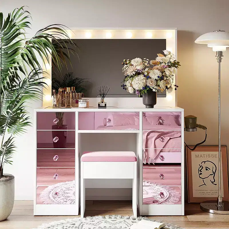 GDFStudio Madison Modern Wood Glass-Top Makeup Vanity Desk with Storage Stool, LED Lighted Mirror, 11-Drawer Storage and Charging Station