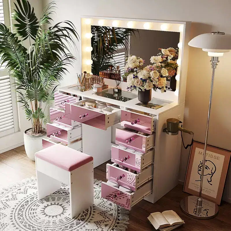 GDFStudio Madison Coiffeuse moderne en bois avec plateau en verre, tabouret de rangement, miroir lumineux LED, 11 tiroirs de rangement et station de recharge