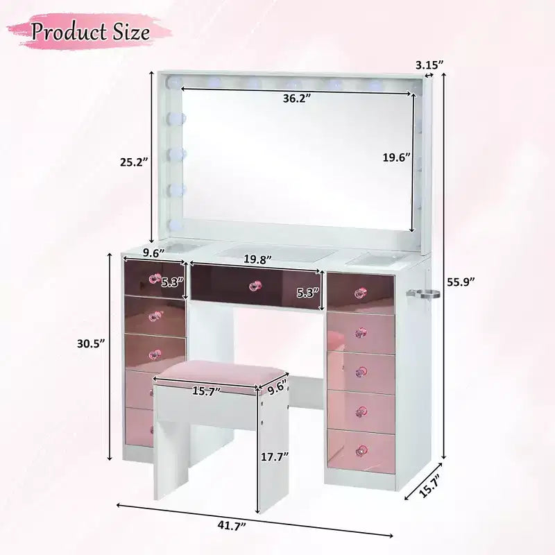GDFStudio Madison Coiffeuse moderne en bois avec plateau en verre, tabouret de rangement, miroir lumineux LED, 11 tiroirs de rangement et station de recharge