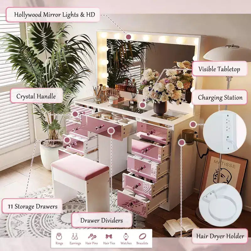 GDFStudio Madison Coiffeuse moderne en bois avec plateau en verre, tabouret de rangement, miroir lumineux LED, 11 tiroirs de rangement et station de recharge