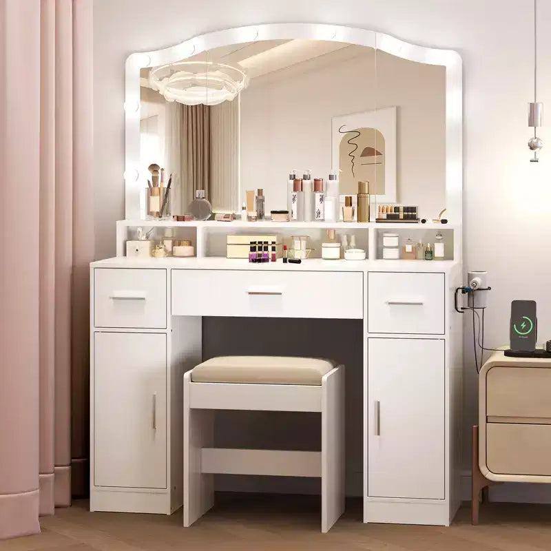 Coiffeuse de Maquillage Acekool avec Miroir LED, Coiffeuse à 5 Tiroirs pour Chambre, Station de Maquillage Moderne avec Rangement, Idéale pour le Maquillage et les Soins de Beauté