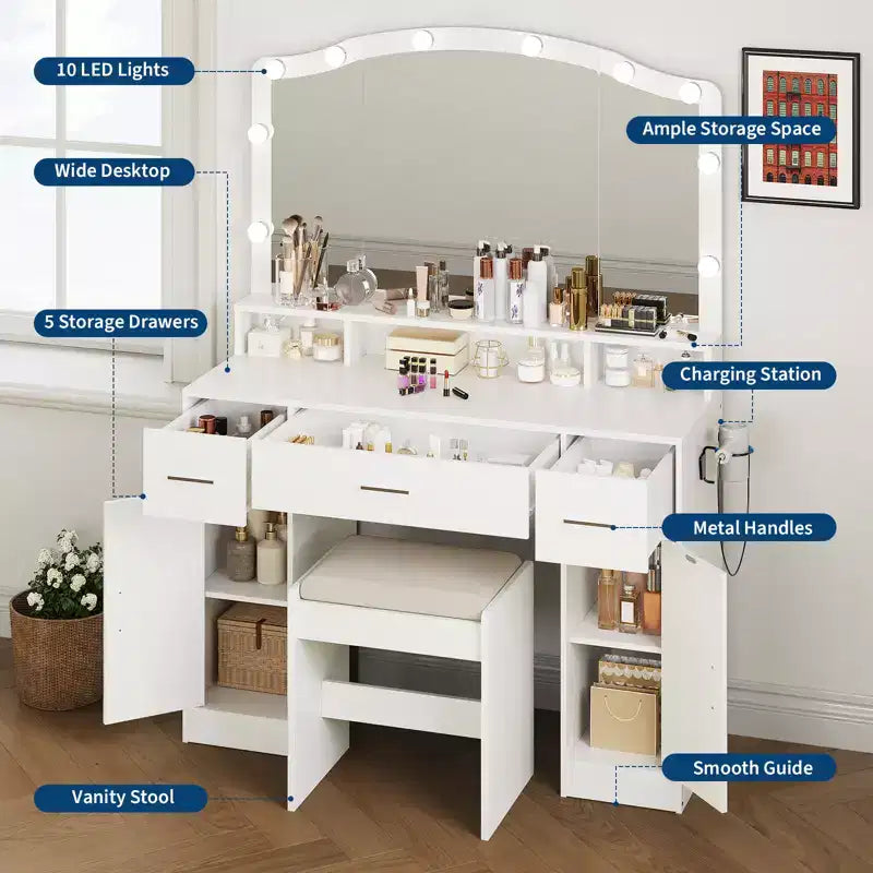 Coiffeuse de Maquillage Acekool avec Miroir LED, Coiffeuse à 5 Tiroirs pour Chambre, Station de Maquillage Moderne avec Rangement, Idéale pour le Maquillage et les Soins de Beauté