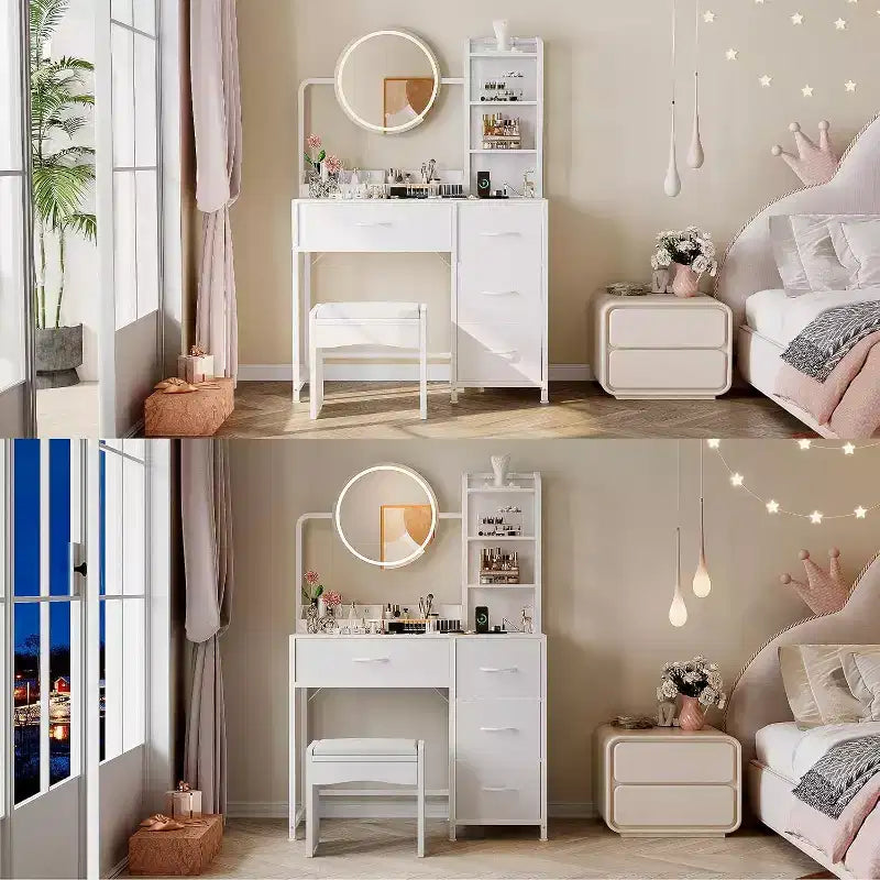 Petite coiffeuse avec miroir rond éclairé et prise de courant, table de maquillage moderne avec 4 tiroirs en tissu et 3 étagères, pour chambre à coucher