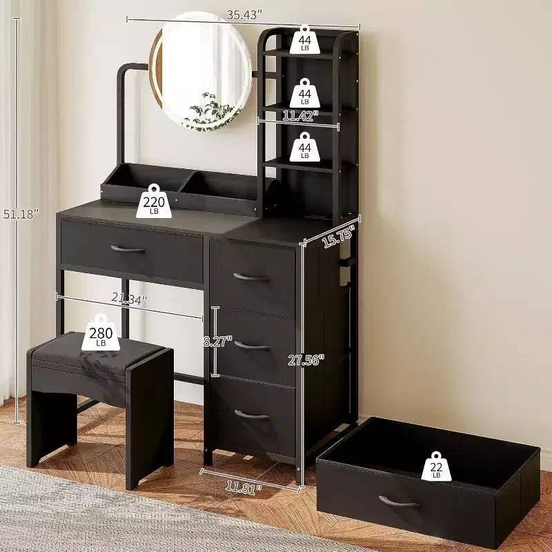 Petite coiffeuse avec miroir rond éclairé et prise de courant, table de maquillage moderne avec 4 tiroirs en tissu et 3 étagères, pour chambre à coucher