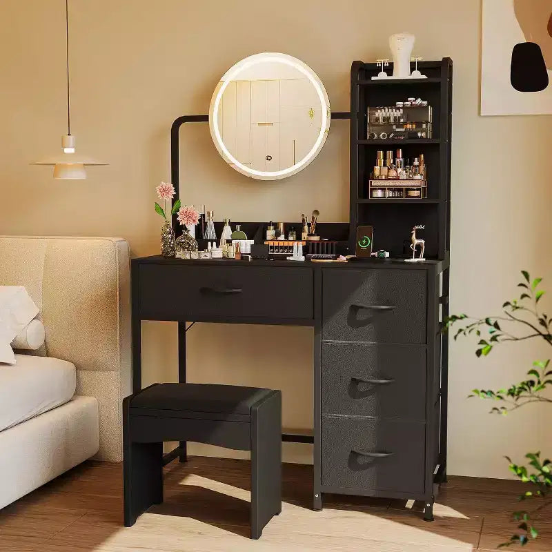 Petite coiffeuse avec miroir rond éclairé et prise de courant, table de maquillage moderne avec 4 tiroirs en tissu et 3 étagères, pour chambre à coucher