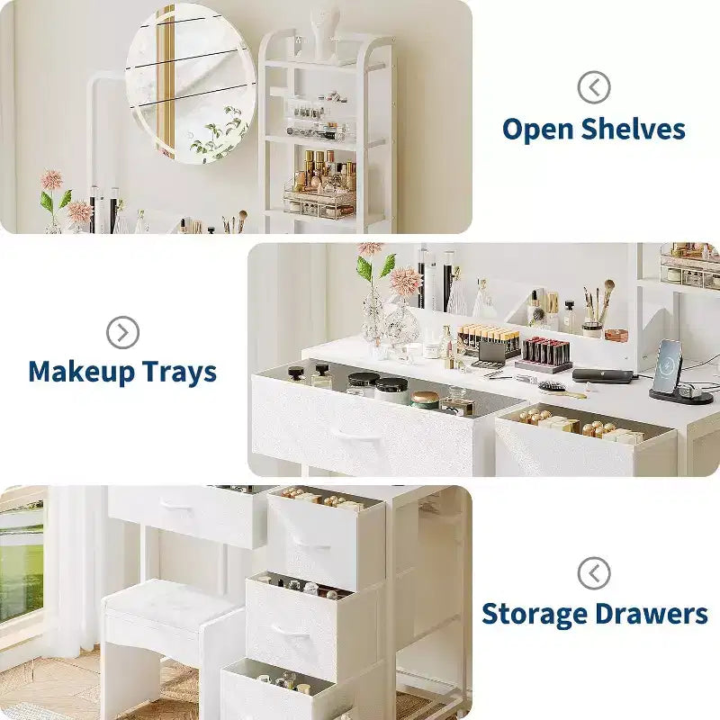 Petite coiffeuse avec miroir rond éclairé et prise de courant, table de maquillage moderne avec 4 tiroirs en tissu et 3 étagères, pour chambre à coucher