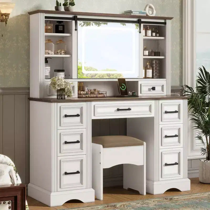 Coiffeuse 47W avec miroir coulissant lumineux 3 couleurs, 9 tiroirs de rangement et tabouret rembourré, blanc - ModernLuxe