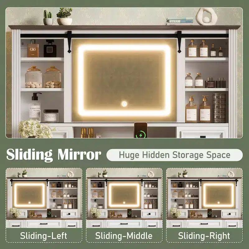 Coiffeuse 47W avec miroir coulissant lumineux 3 couleurs, 9 tiroirs de rangement et tabouret rembourré, blanc - ModernLuxe