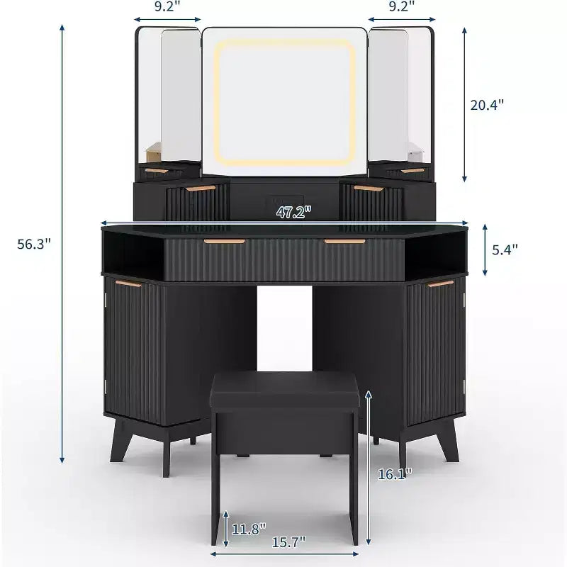 Coiffeuse d'Angle, Coiffeuse Moderne avec Triple Miroir HD, Coiffeuse d'Angle avec Plateau en Verre Transparent, Coiffeuse Cannelée